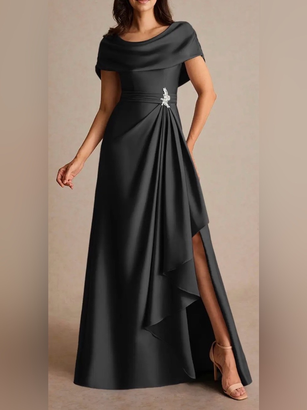 Elegant Black Evening Gown with Embellished Waist | Size 8